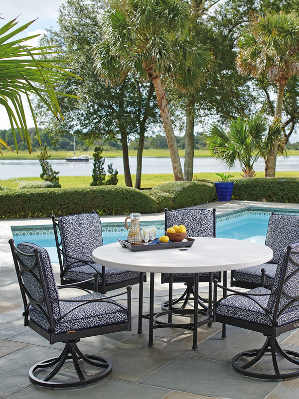 Lexington Tommy Bahama Outdoor 3910-870c Elegant Round Dining Table With Graphite Frame And Limestone Finish For Stylish Gatherings Graphite Wood 3910-870c