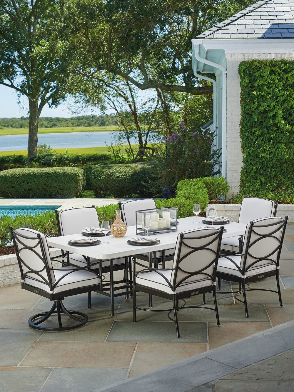 Lexington Tommy Bahama Outdoor 3910-876c Elegant Rectangular Dining Table With Sophisticated Graphite Finish And Limestone Top Graphite Wood 3910-876c