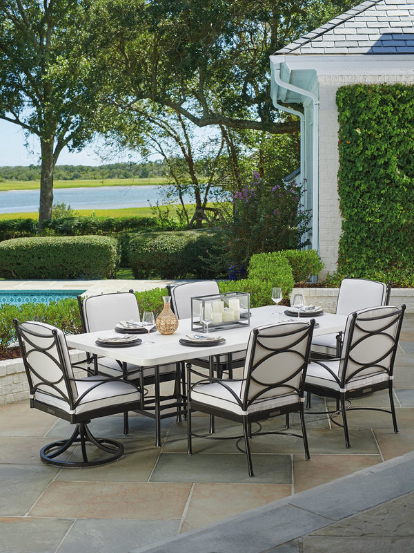 Lexington Tommy Bahama Outdoor 3910-876c Elegant Rectangular Dining Table With Sophisticated Graphite Finish And Limestone Top Graphite Wood 3910-876c