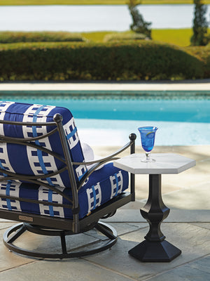 Lexington Tommy Bahama Outdoor 3910-952 Pavlova Accent Table - Elegant Modern Design With Graphite Finish And Limestone Look Top Graphite Wood 3910-952