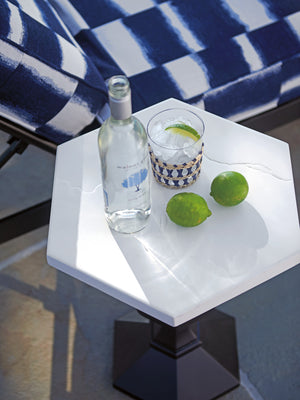 Lexington Tommy Bahama Outdoor 3910-952 Pavlova Accent Table - Elegant Modern Design With Graphite Finish And Limestone Look Top Graphite Wood 3910-952