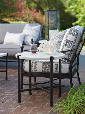 Lexington Tommy Bahama Outdoor 3910-954 Pavlova Round End Table - Elegant Aluminum Frame With Textured Graphite Finish & Limestone Top Graphite Wood 3910-954