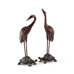 Wildwood Turtle Brass Sculpture Pair — Oxidized Antique Bronze Turtle & Crane Set For Mantel, Longevity Decor 391110