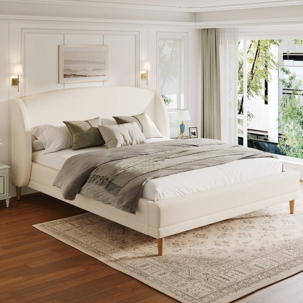 English Elm King Boucle Upholstered Wingback Bed Solid Wood Legs Textured Platform Frame N757P359719K