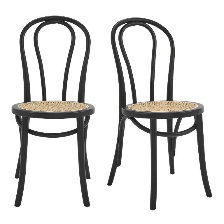 EuroStyle Marko Art Deco Bentwood Dining Chair Set Solid Beech Cane Seat Matte Black Frame 39116MTBLK