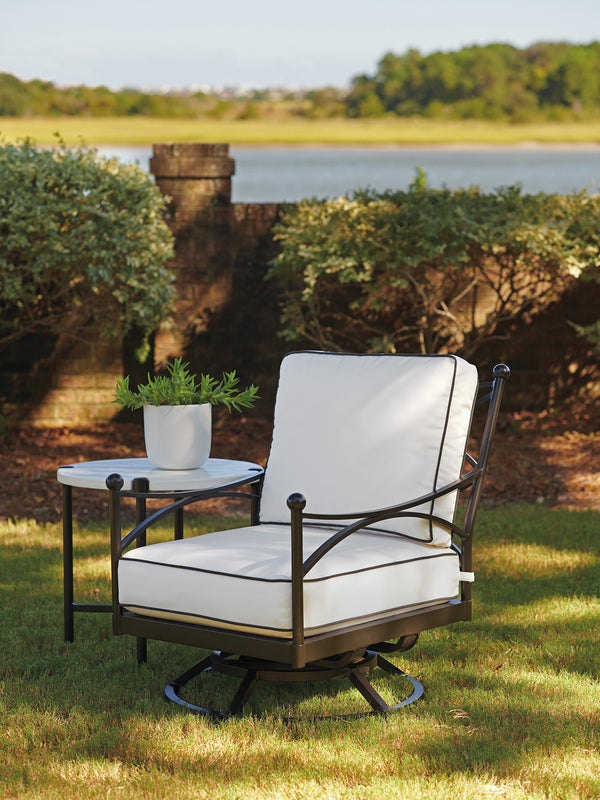 Lexington Tommy Bahama Outdoor 3910-954 Pavlova Round End Table - Elegant Aluminum Frame With Textured Graphite Finish & Limestone Top Graphite Wood 3910-954