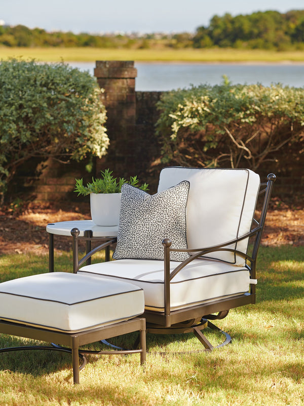 Lexington Tommy Bahama Outdoor 3910-954 Pavlova Round End Table - Elegant Aluminum Frame With Textured Graphite Finish & Limestone Top Graphite Wood 3910-954