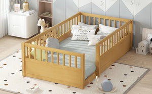 English Elm Twin Montessori Floor Bed Frame for Kids – Pine Playroom Bed with Fence for Reading & Imaginative Play Natural W1580P307880