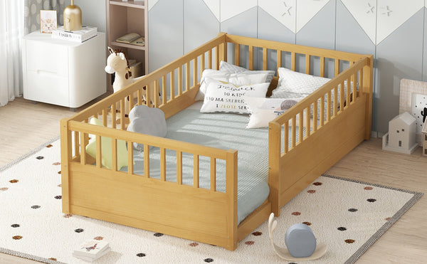 English Elm Twin Montessori Floor Bed Frame for Kids – Pine Playroom Bed with Fence for Reading & Imaginative Play Natural W1580P307880