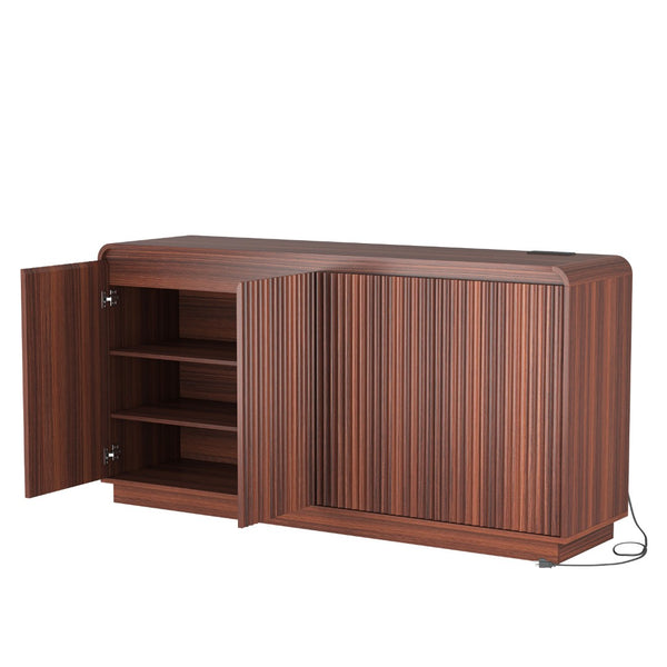 English Elm Black Fluted Wave Door Media Console with Built-in Power Outlet and Adjustable Shelving Walnut W409P452058