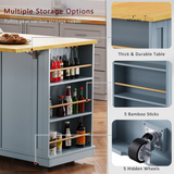 English Elm K&K 53Inch Large Kitchen Island With Drop Leaf,Power Outlet,Door Internal Storage Rack,Rolling Kitchen Cart On 5 Wheels With 5 Open Side Racks For Kitchen,Dining Room,Grey Blue(Not Include Bar Stools)