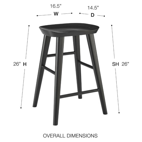 EuroStyle Vieno Solid Elm Wood Counter Stool Sculptural Cut-Out Seat for Kitchen Islands Black 39133-BLK