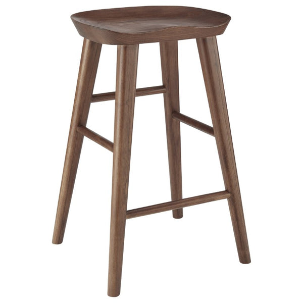 EuroStyle Vieno Solid Elm Wood Counter Stool Sculptural Cut-Out Seat for Kitchen Islands Walnut 39133-WAL