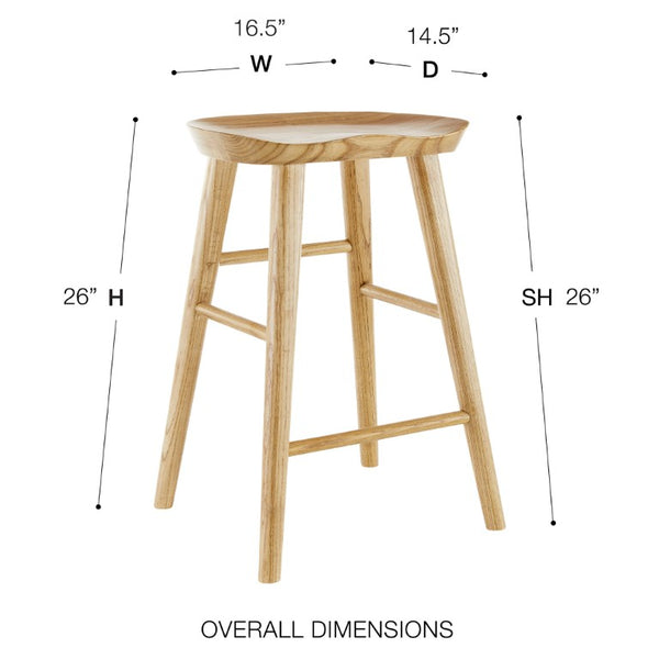 EuroStyle Vieno Solid Elm Wood Counter Stool Sculptural Cut-Out Seat for Kitchen Islands Natural 39133