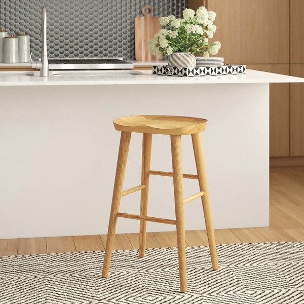 EuroStyle Vieno Solid Elm Wood Counter Stool Sculptural Cut-Out Seat for Kitchen Islands Natural 39133