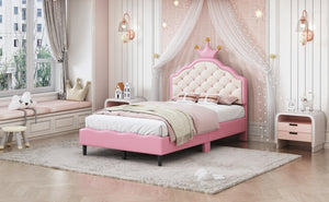 English Elm Twin Lovely Crown Fantasy PU Leather Princess Bed with Tufted Headboard, Soft Upholstery, Sturdy Design Pink 42 L x 22.5 W x 7.5 H N733P198760H