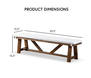 English Elm Modern Rustic Upholstered Bench 59.5" with Brown Cushion on White Trestle Base — Farmhouse Comfort B2741P366713