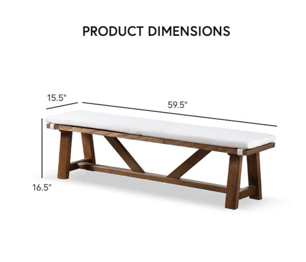 English Elm Modern Rustic Upholstered Bench 59.5" with Brown Cushion on White Trestle Base — Farmhouse Comfort B2741P366713