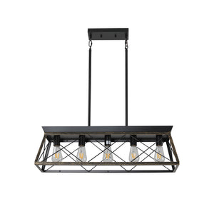 English Elm 32" Black Gold Industrial 5-Light Pendant Chandelier - Adjustable Metal Cage Farmhouse Lighting for Kitchen, Dining, Living Room W2312P368669