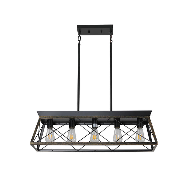 English Elm 32" Black Gold Industrial 5-Light Pendant Chandelier - Adjustable Metal Cage Farmhouse Lighting for Kitchen, Dining, Living Room W2312P368669