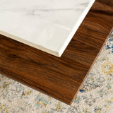 English Elm Walker Edison - Modern Glam 3-Tone Square Coffee Table With Lower Shelf - Faux White Marble/Dark Walnut/Gold