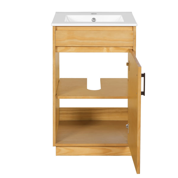 English Elm 20-inch Farmhouse Bathroom Vanity with Ceramic Sink, Freestanding Single Cabinet, Soft-Close Door, Adjustable Shelf, Natural Wood-Grain Finish N710P334910P