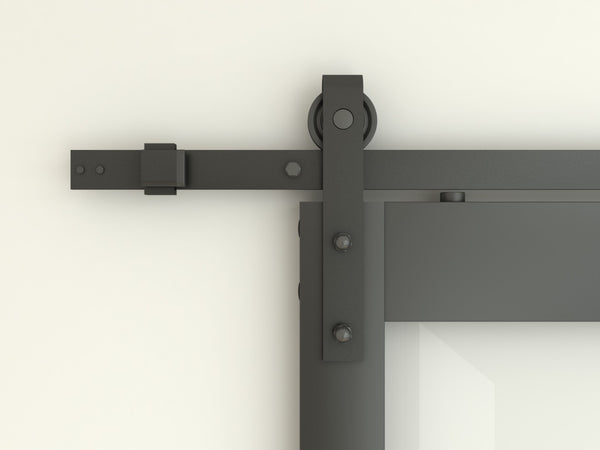 English Elm 30 in Matte Black Steel Sliding Barn Door Frosted Glass Privacy Panel with Hardware B2763P483235