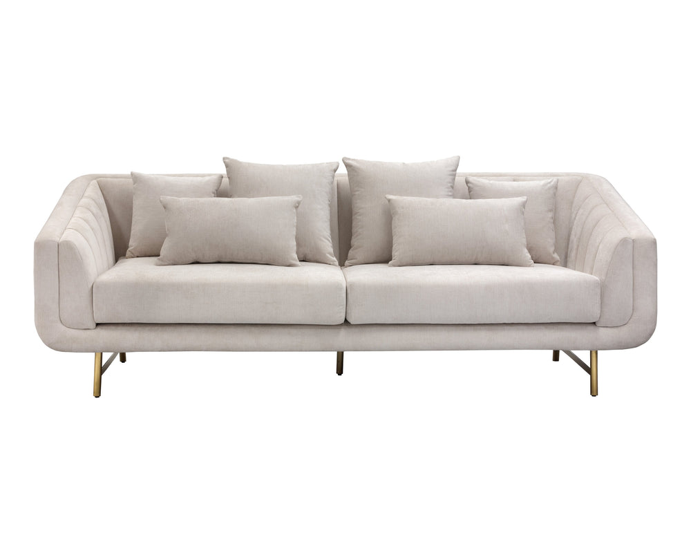 Sunpan Veera Sofa - Luxurious Mid-Century Modern Design with Channel Tufting and Antique Brass Feet Polo Club Muslin