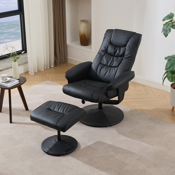 English Elm 015-Recliner Ergonomic Swivel Massage Chair with Ottoman, Heated 5-Point Vibration, 140° PU Recliner Black W2636P262445