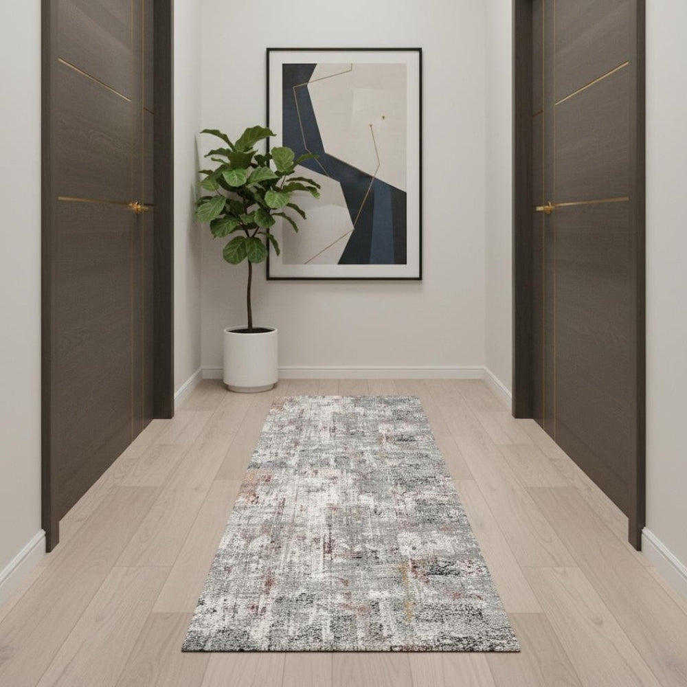 HomeRoots 2' Gray and Ivory Abstract Runner Rug - Contemporary Elegant Design for Hallways and Living Spaces 2x15 391755