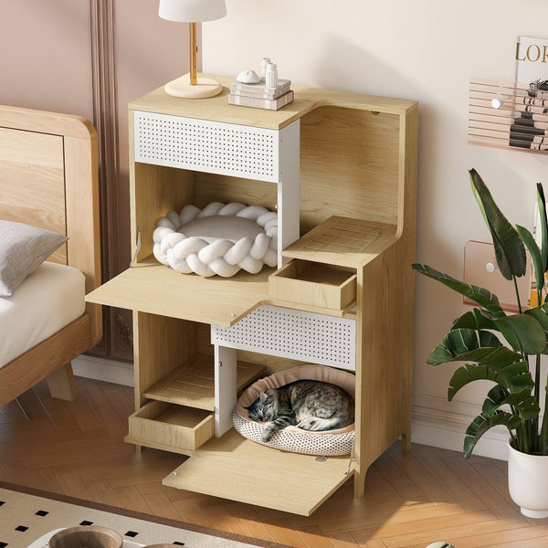 English Elm Modern 2 IN 1 Cat Furniture Litter Box Enclosure with Flip-Down Door, Grooved Entry & Storage Shelf N843P251413N