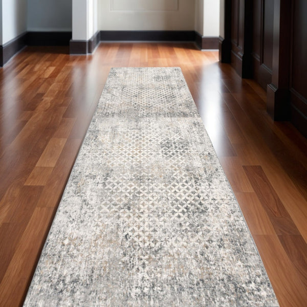 HomeRoots 2' Distressed Gray and Ivory Runner Rug - Modern Abstract Design for Hallways and Entryways 2' x 10' 391765