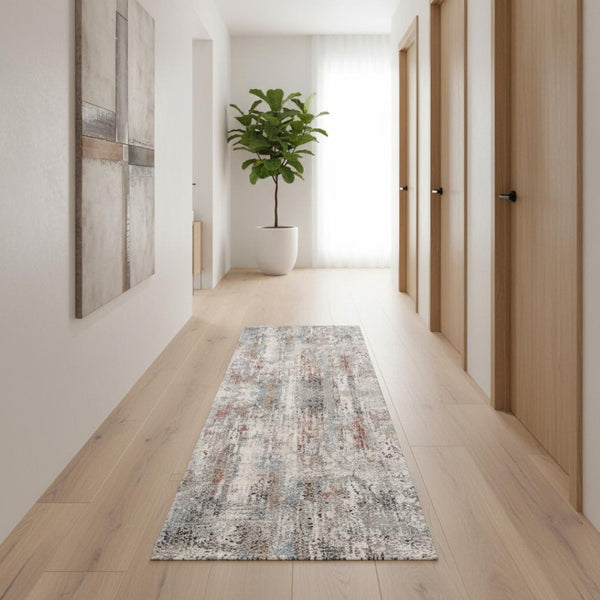 HomeRoots 2' Gray Abstract Pattern Runner Rug - Modern Artistry for Hallways, Soft Texture & Low-Pile Durability 2' x 13' 391780