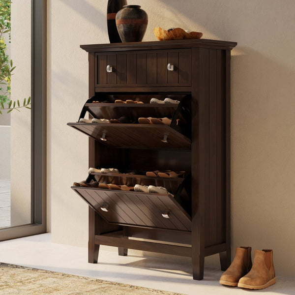 English Elm Acadian Solid Wood Entryway Shoe Cabinet with Tilt Doors Tapered Legs Brunette Finish B136P436049