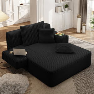 English Elm Luxurious Corduroy Convertible Chaise Lounge Sofa Bed with Foam Support for Apartments Black W3219P449015