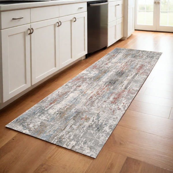 HomeRoots 2' Gray Abstract Pattern Runner Rug - Modern Artistry for Hallways, Soft Texture & Low-Pile Durability 2' x 8' 391786