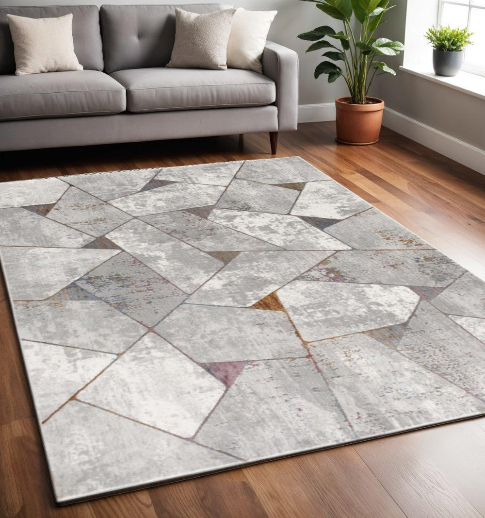 HomeRoots 4' Grey Geometric Area Rug - Contemporary Design for Modern Spaces, Durable & Easy to Clean 5' X 8' 391819