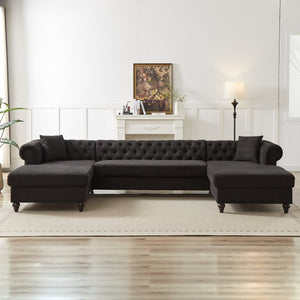 English Elm 135.5-inch Modern Chenille U-Shaped Sectional Sofa with Dual Chaise, Pull-Point Detail, Pillows, Wooden Legs Black W1926S00046