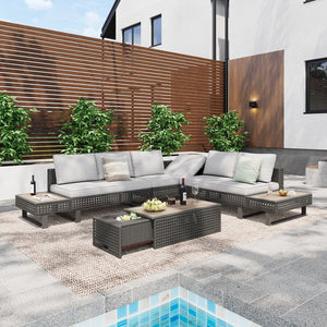 English Elm K&K 6-Pers Diamond Weave Patio Sectional Set with Thick Cushions, Extendable Ice Coffee Table, UV-Resistant Wicker Grey+Brown+Yellow N707S000013G