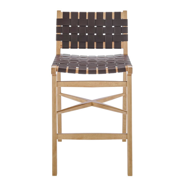 EuroStyle Evangeline Counter Stool in Natural Beech Wooden Frames with Brown woven PU Seat & Back - Set of 1