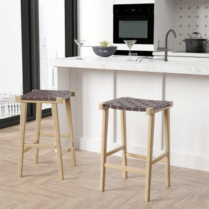 EuroStyle Evangeline Backless Counter Stool Solid Beech Frame Woven PU Seat Kitchen Island 39188-NAT