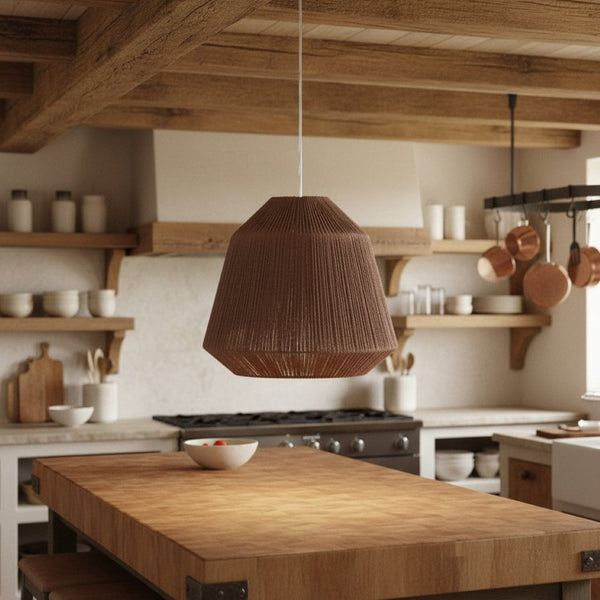 HomeRoots Brown Woven Paper String Pendant Lamp – Boho-Chic Drum Shade for Cozy, Ambient Lighting in Any Space 391901