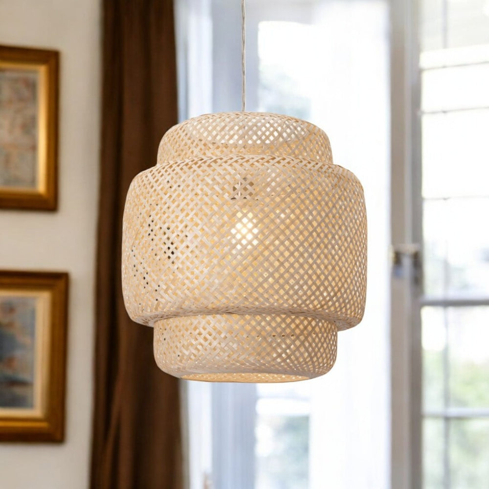 HomeRoots Natural Boho Weave Ceiling Lamp – Elegant Straw Design with Gold Frame for Cozy Ambient Lighting 391924