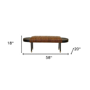 Homeroots Warm Brown Leather And Solid Wood Bench  Solid Wood 391925