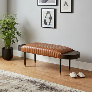HomeRoots Warm Brown Leather and Solid Wood Entryway Bench – Stylish Seating with Durable Craftsmanship & Versatility 391925