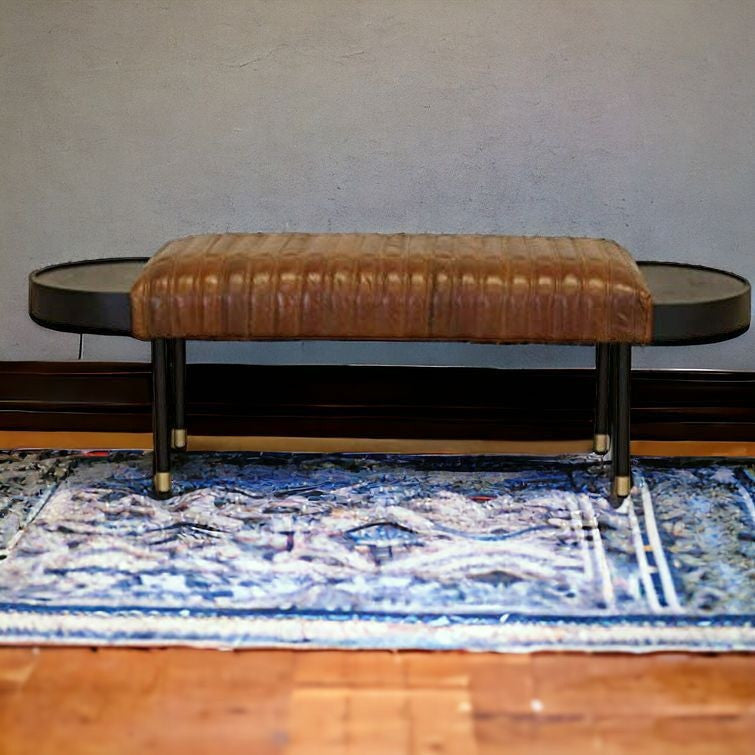 Homeroots Warm Brown Leather And Solid Wood Bench  Solid Wood 391925