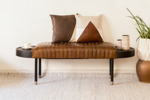 HomeRoots Warm Brown Leather and Solid Wood Entryway Bench – Stylish Seating with Durable Craftsmanship & Versatility 391925