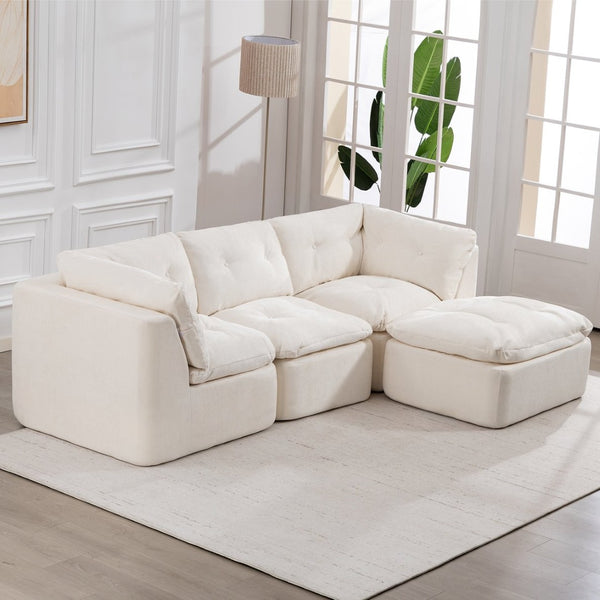 English Elm Modern Chenille Cloud Sectional with Ottoman Deep Sink Modular L Shaped Living Room Sofa Beige+White W2379S00001