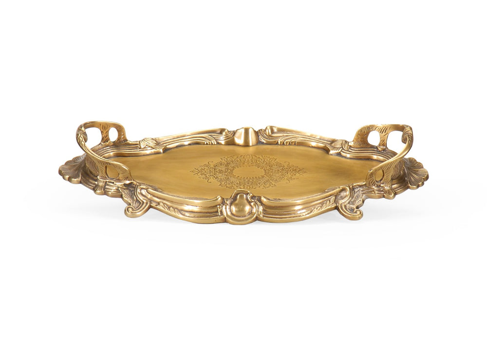 Wildwood Gallery Brass Rococo Tray With Embossed Floral Center, Scroll Handles & Antique Patina For Styling (98) 391967