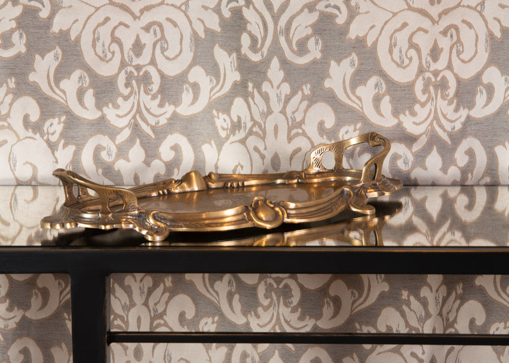 Wildwood Gallery Brass Rococo Tray With Embossed Floral Center, Scroll Handles & Antique Patina For Styling (98) 391967